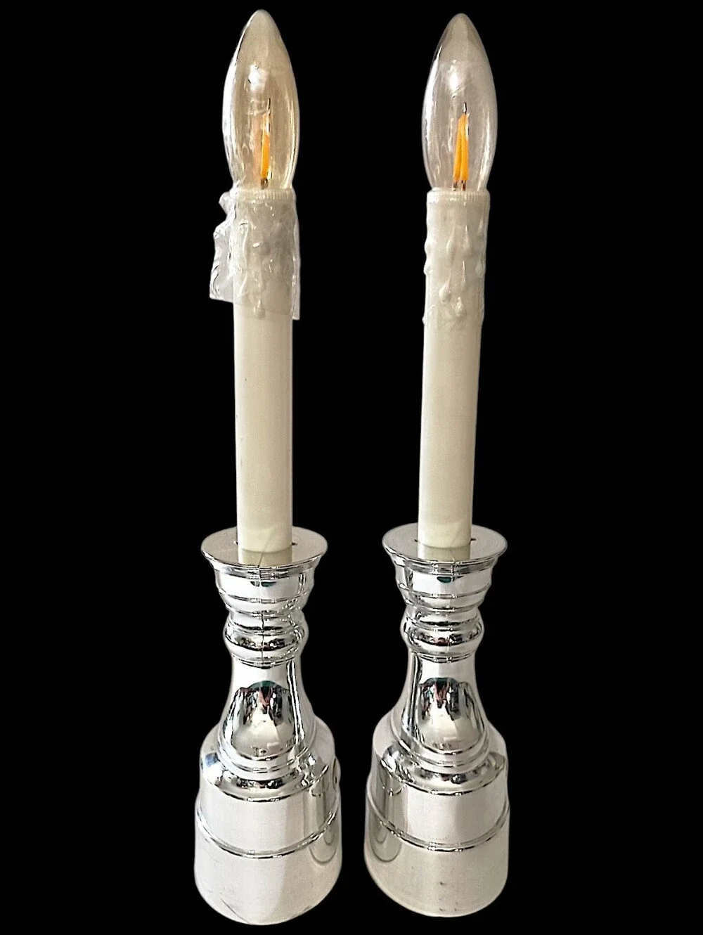 2 Vintage Bethlehem Lights Candles Battery Operated Taper Timer Silver Tone
